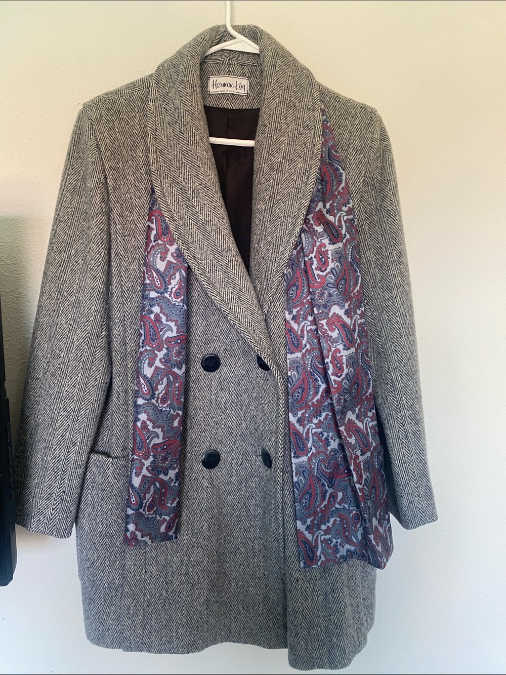 Vintage Herman Kay Wool Herringbone Coat Large Paisley Scarf Made USA